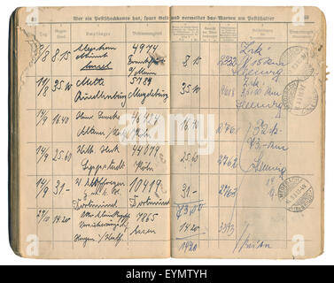 Old German post office recorded delivery book from 1931, recording of entries and signatures, German Empire, Europe,