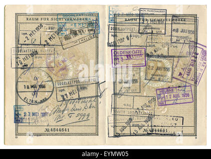 Old German passport with various visa entries from the Netherlands, 1956, Germany, Europe, Stock Photo