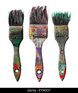 Old dirty paint brushes isolated on white. Stock Photo