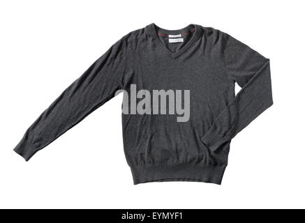 Men's dark grey cotton sweater knitwear isolated on white with natural shadows. Stock Photo