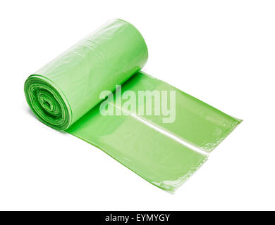 Roll of green plastic trashbags isolated on white with naturan shadow. Stock Photo