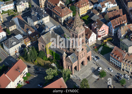 AERIAL VIEW. Protestant Church. Munster, Haut-Rhin, Alsace, Grand Est, France. Stock Photo