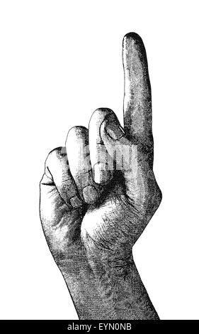 Original digital illustration of a pointing finger, in style of old engravings. Stock Photo