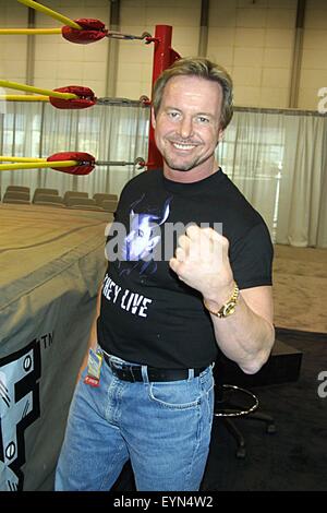 July 31, 2015 - File - RODERICK GEORGE 'RODDY' TOOMBS (April 17, 1954 - July 31, 2015), better known by his ring name 'Rowdy' Roddy Piper, was a Canadian professional wrestler, film actor and podcast host. In professional wrestling, he was best known for his work with the World Wrestling Federation (WWF, now WWE) in the mid-1980s to the mid-1990s. Diagnosed with Hodgkin's Lymphoma in 2006 but in November 2014 Piper said he was completely cancer free. Piper died in his sleep after a heart attack, at the age of 61, in his home in Hollywood, California Pictured: Roddy Piper at 2002 Wrestling conv Stock Photo