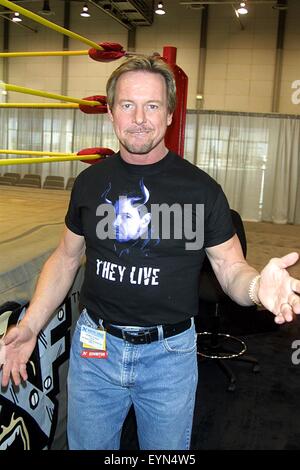 July 31, 2015 - File - RODERICK GEORGE 'RODDY' TOOMBS (April 17, 1954 - July 31, 2015), better known by his ring name 'Rowdy' Roddy Piper, was a Canadian professional wrestler, film actor and podcast host. In professional wrestling, he was best known for his work with the World Wrestling Federation (WWF, now WWE) in the mid-1980s to the mid-1990s. Diagnosed with Hodgkin's Lymphoma in 2006 but in November 2014 Piper said he was completely cancer free. Piper died in his sleep after a heart attack, at the age of 61, in his home in Hollywood, California Pictured: Roddy Piper at 2002 Wrestling conv Stock Photo