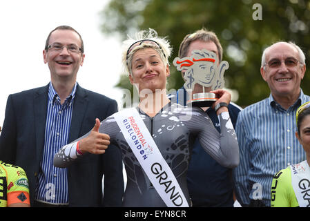 London, UK. 1st August, 2015. Barbara Guarischi (Velocio Sports) is seen on the podium following her win at the Prudential RideLondon Grand Prix at The Mall, London, United Kingdom on 1 August 2015. The race, which started at Horse Guards Parade and finished on The Mall, featured many of the world's top female professional cyclists. Credit:  Andrew Peat/Alamy Live News