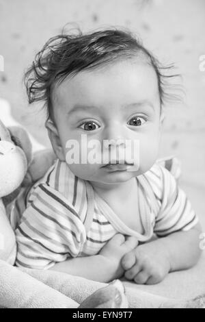 Portrait of an adorable smiling baby playing with a monkey toy. Stock Photo