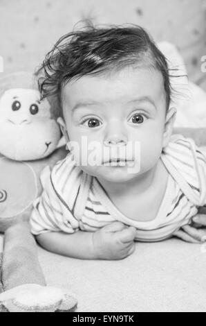 Portrait of an adorable smiling baby playing with a monkey toy. Stock Photo