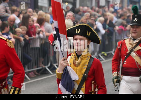 Image from the 1798 battle re-enactment staged on Weafer Street in Enniscorthy Town in County Wexford, Ireland depicting an historic battle between the United Irishmen and British forces. Stock Photo