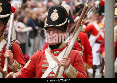 Image from the 1798 battle re-enactment staged on Weafer Street in Enniscorthy Town in County Wexford, Ireland depicting an historic battle between the United Irishmen and British forces. Stock Photo