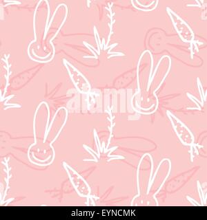 Vector pink Children seamless print pattern of rabbits, carrots and shrubs Stock Vector