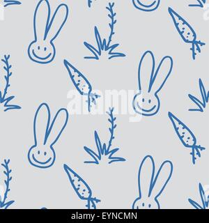 Vector blue Children seamless print pattern of rabbits, carrots and shrubs Stock Vector