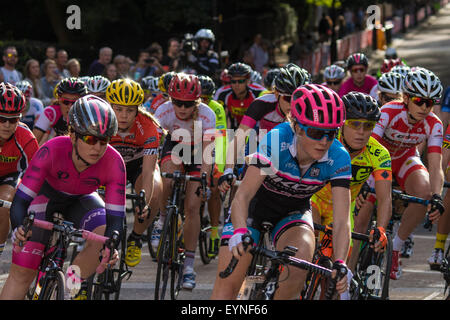 Westminster, London, August 1st 2015. Top women cyclists compete in the Prudential Ride London Grand Prix around St James's Park.