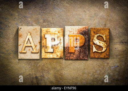 The word 'APPS' written in rusty metal letterpress type on an old leather background. Stock Photo