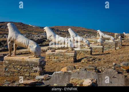 The island of Delos, near Mykonos, near the centre of the Cyclades archipelago, is one of the most important mythological, histo Stock Photo