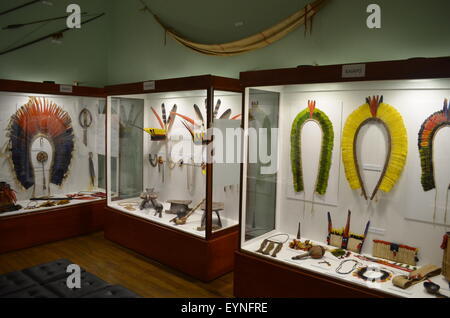Traditional tribal articles on display in the 'Amazonian Indigenous Cultures Museum' in Iquitos, Peru. Stock Photo
