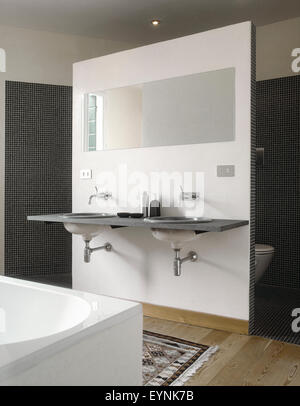 interior view of a modern bathroom in foreground the Vanity basin and mirror overlooking on sanitary ware Stock Photo
