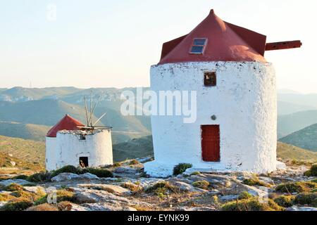 windmills in greece. Amorgos. Chora. cyclades island. Stock Photo