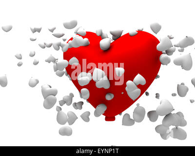 3d big red heart shapped ballon along with several white small balloons Stock Photo