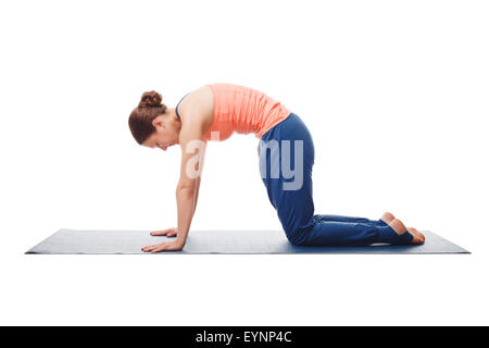 Beautiful sporty fit yogini woman practices yoga asana marjarias Stock Photo