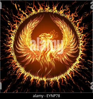 Phoenix in circular frame. Illustration in fantasy style. Stock Vector