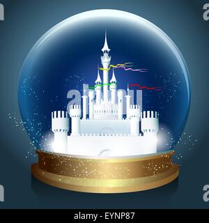 Vector bright glowing crystal ball with Magic fantasy castle inside. Stock Vector