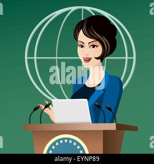 Beautiful elegant politician woman giving a speech in front of a microphones. Stock Vector