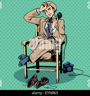 Tired man sits on a chair and talking on the phone. Call technology communication Stock Vector