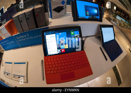 Windows 10 is seen running on a Surface computer at a Microsoft kiosk in the Time Warner Center in New York on Thursday, July 30, 2015. Windows 10 was released as a free upgrade with minimal hoopla yesterday. (© Richard B. Levine) Stock Photo