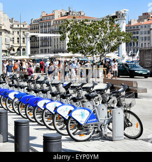 Marseille Vieux Port Marseilles waterfront at The Old Port French bike hire docking terminals Provence Mediterranean South of France Stock Photo
