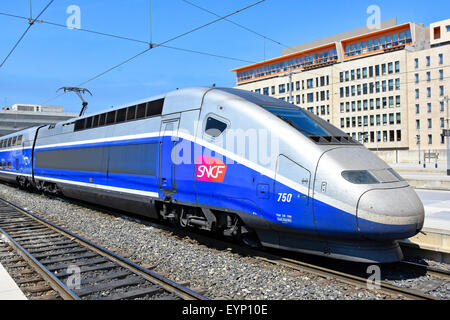 High speed train close up France aerodynamics SNCF TGV high speed passenger train at Marseille French railway station platform waiting to depart Stock Photo