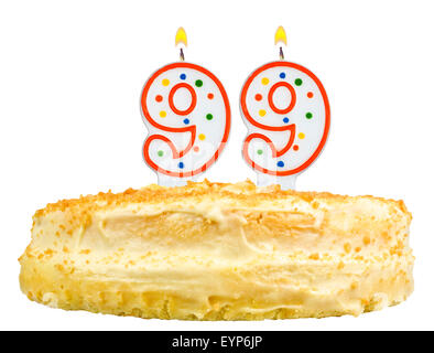 birthday cake with candles number ninety nine isolated on white background Stock Photo