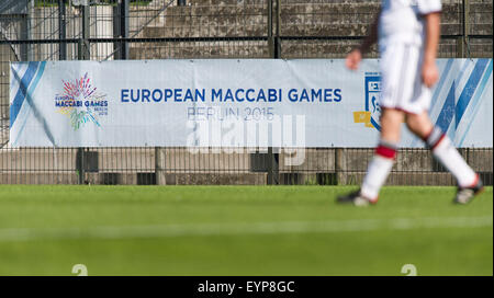 Berlin, Germany. 02nd Aug, 2015. A banner that reads 'European Maccabi Games' pictured during a soccer match between the DFB Allstars and a team of Maccabi players in Berlin, Germany, 02 August 2015. Photo: GREGOR FISCHER/dpa/Alamy Live News Stock Photo