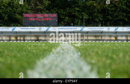 Berlin, Germany. 02nd Aug, 2015. A scoreboard displays information on a soccer match between the DFB Allstars and a team of Maccabi players at the European Maccabi Games in Berlin, Germany, 02 August 2015. Photo: GREGOR FISCHER/dpa/Alamy Live News Stock Photo