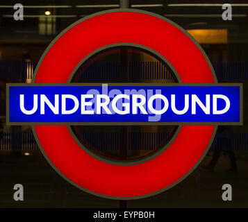 Illuminated sign for the London Underground outside St Pancras Station Stock Photo