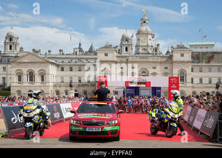 Professional cyclists gather at the start of the Prudential RideLondon London-Surrey Classic cycling race in Horse Guards Parade, London, England, United Kingdom Stock Photo