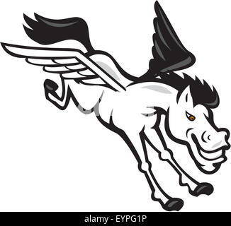 Illustration of a Pegasus flying horse viewed from the side set on isolated white background done in cartoon style. Stock Photo