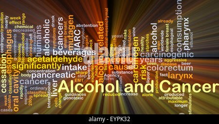 Background concept wordcloud illustration of alcohol and cancer glowing light Stock Photo