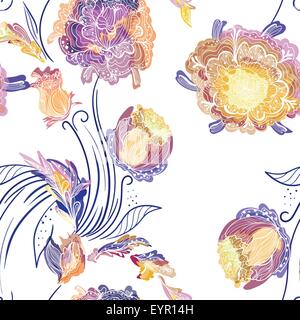 Vector seamless background with purple, yellow and orange chrysanthemums in creative sketch style with watercolor effect Stock Vector
