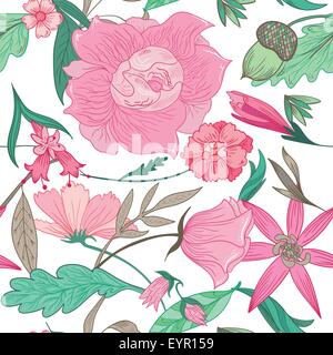 Vector seamless background with pink romantic peony, rose, mayweed, daisy flowers and mint leaves Stock Vector