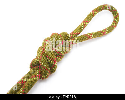 double Flemish loop or figure eight 8 knot with new colored aluminum  carabiner. equipment use for attaching rope to climbing harness and create  a Stock Photo - Alamy