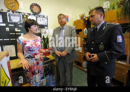 Monday. 3rd Aug, 2015. Residential centre for asylants Kostelec nad Orlici, east Bohemia, Czech Republic, on Monday, August 3, 2015. Pictured (left to right) governor of the Hradec Kralove region Lubomir Franc, Ragional Police director Martin Cervicek and facility director Ivana Vyhnalkova. © Josef Vostarek/CTK Photo/Alamy Live News Stock Photo