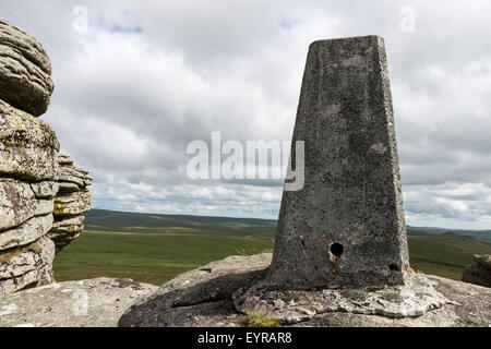 Trig Point on Great Links Tor, Dartmoor, Devon UK Stock Photo