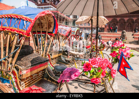 Rickshaw Taxi, Kathmandu Durbar Square in front of the old royal palace of the former Kathmandu Kingdom, Nepal Stock Photo