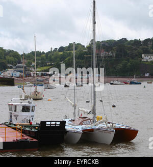 A replica of the boat used by Donald Crowhurst to compete in the 1968 Golden Globe Race moored in Teignmouth harbour to be used in the film being made about his life  Featuring: Teignmouth Electron Where: Devon, United Kingdom When: 02 Jun 2015 C Stock Photo