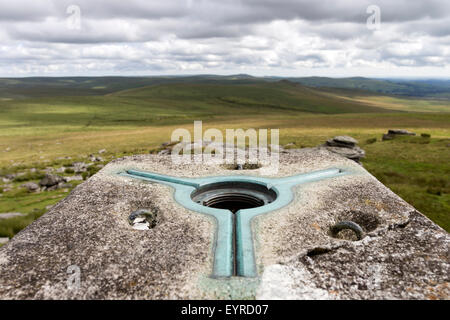 Trig Point on Great Links Tor, Dartmoor, Devon UK Stock Photo