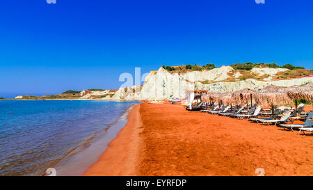 Xi Beach, Kefalonia Island, Greece. Beautiful view of Xi Beach, a beach with red sand in Kefalonia, Ionian Sea. Stock Photo