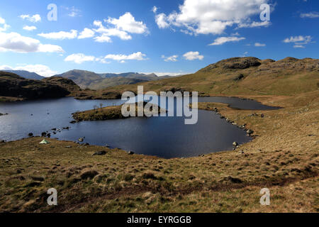Summer view over Angle Tarn and Angletarn Pikes fell, Lake District National Park, Cumbria County, England, UK. Stock Photo