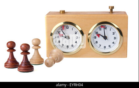 Chess clock and chess pieces isolated on white Stock Photo