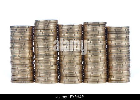 Piles of european 20 cent coins, isolated on a white background Stock Photo